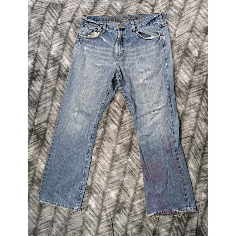 Vintage American Eagle Jeans Men 36x32 Boot Cut Jeans Light Distressed Paint Y2K